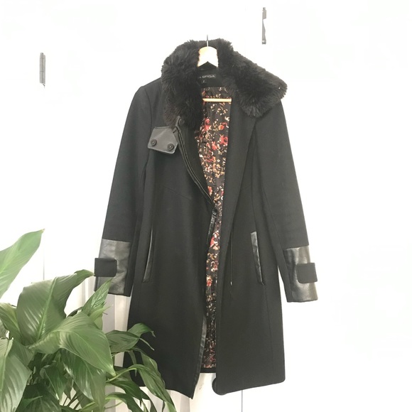 Via Spiga Wool blend & Faux Fur & Faux Leather Cuff Coat Sz 2 - Picture 2 of 16